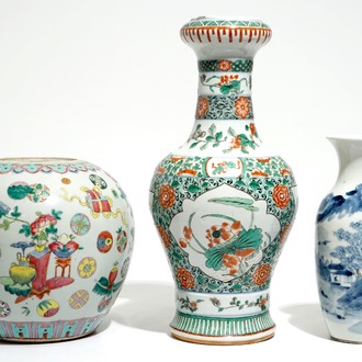 Three various Chinese famille rose, verte and blue and white vases, 19th C.